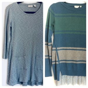 2 Tops! LOGO Lori Goldstein Tunic Lace Trim Stripe